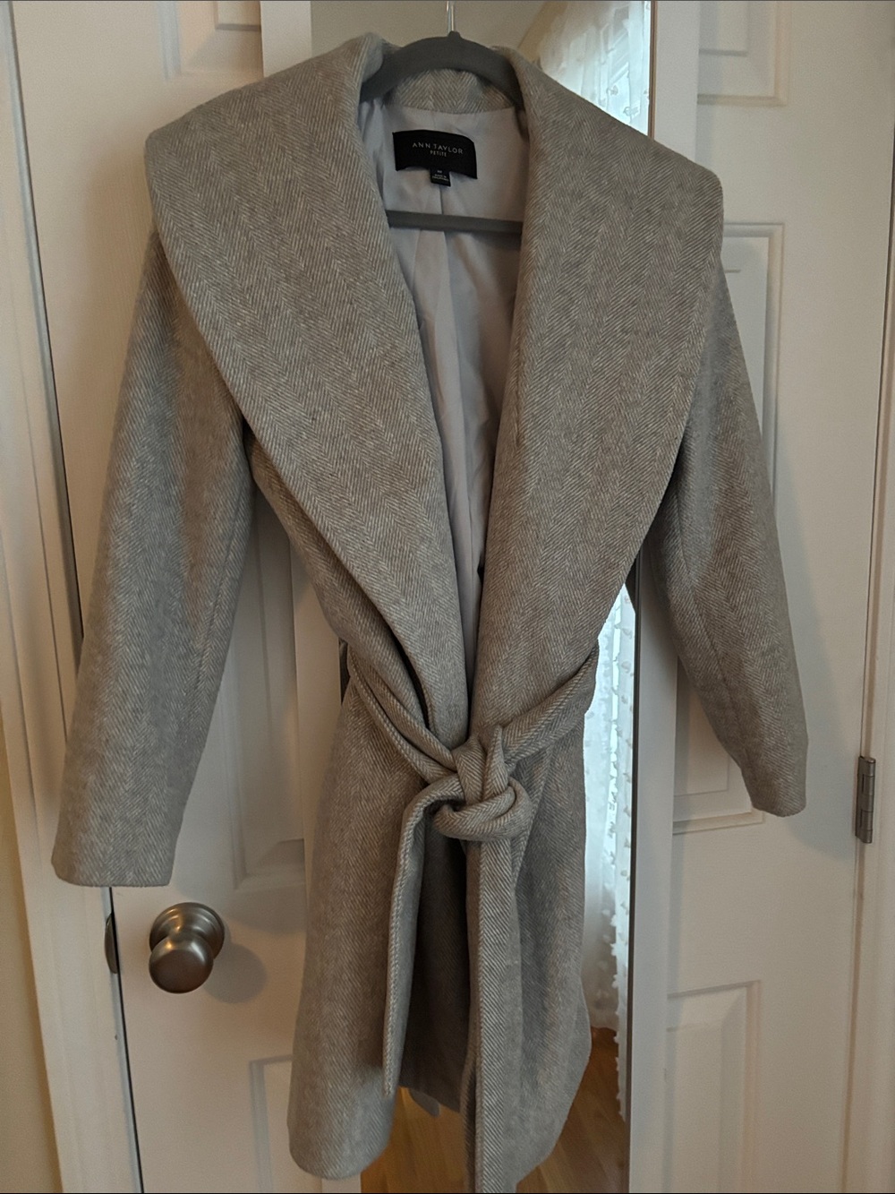 Ann Taylor Gray Herringbone Wrap Belted Coat